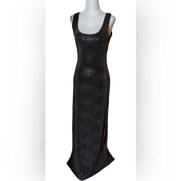Vtg Y2K Prom Dress Glitter Maxi Gray Fairy Goth Sparkly Slinky Stretch Sz 9-10 - Picture 1 of 11
